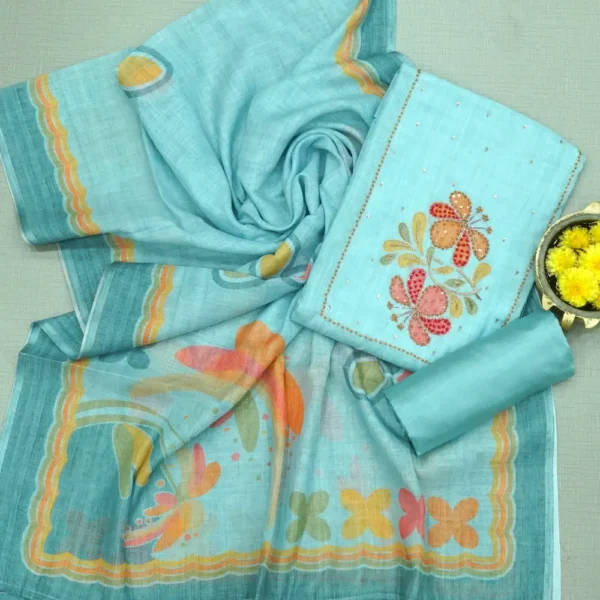 Pale Sky Blue Colour Linen Cotton Chudi Material - Yok Work and with Bottom and Printed Dupatta.